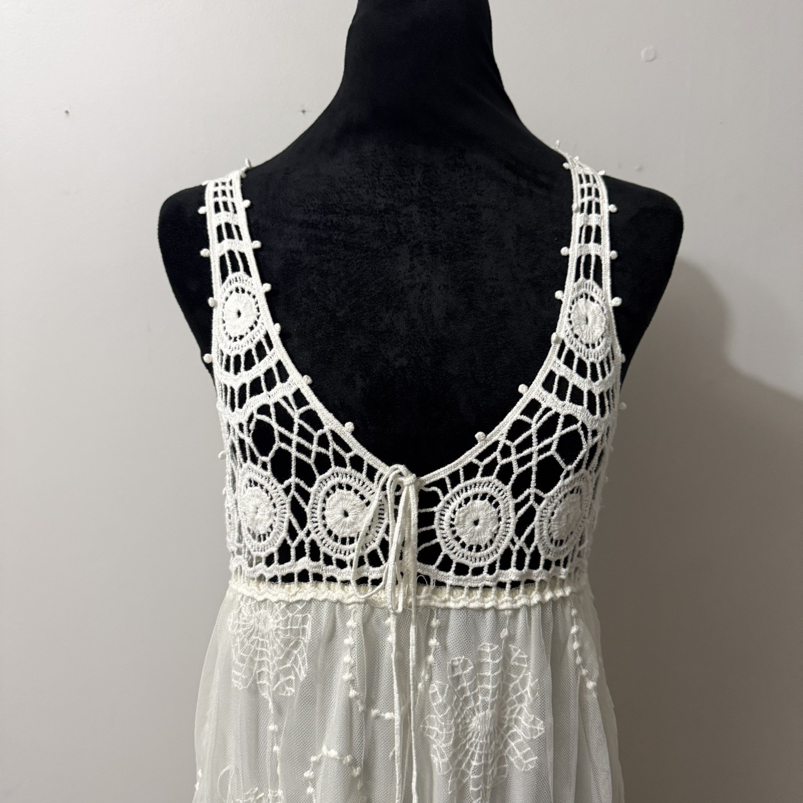 Off White Crochet Beach Cover Up Boho Dress Sleeveless Sheer Lace medium Fairy  thumbnail 2