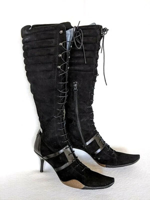 Bally Italy 'Tesla' Black Suede Lace up Heel Women's Boots, 36.5 New $1,299