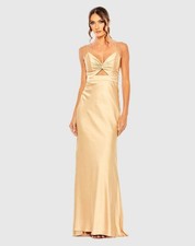 Mac duggal Gold Satin Spaghetti Strap Maxi Dress, Sleeveless sz 12