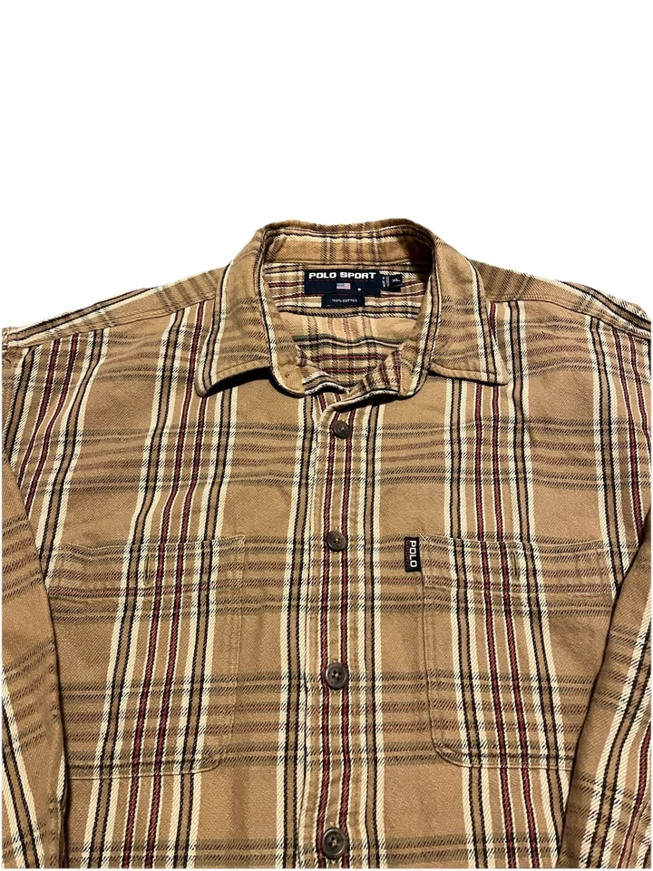 Polo Deportivo Ralph Lauren De Colección Años 90 Para Hombre XL Algodón Pesado Franela a Cuadros Abotonada Foto 2 de 4