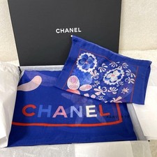 Chanel Pareo Shawl Stole Scarf Blue Camellia Floral Cotton Silk Woman Auth New