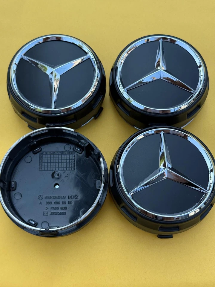 Set of 4 Mercedes Benz Matte Black/Black outlined Center Caps 2.95 Inch/75mm Foto 3 de 4