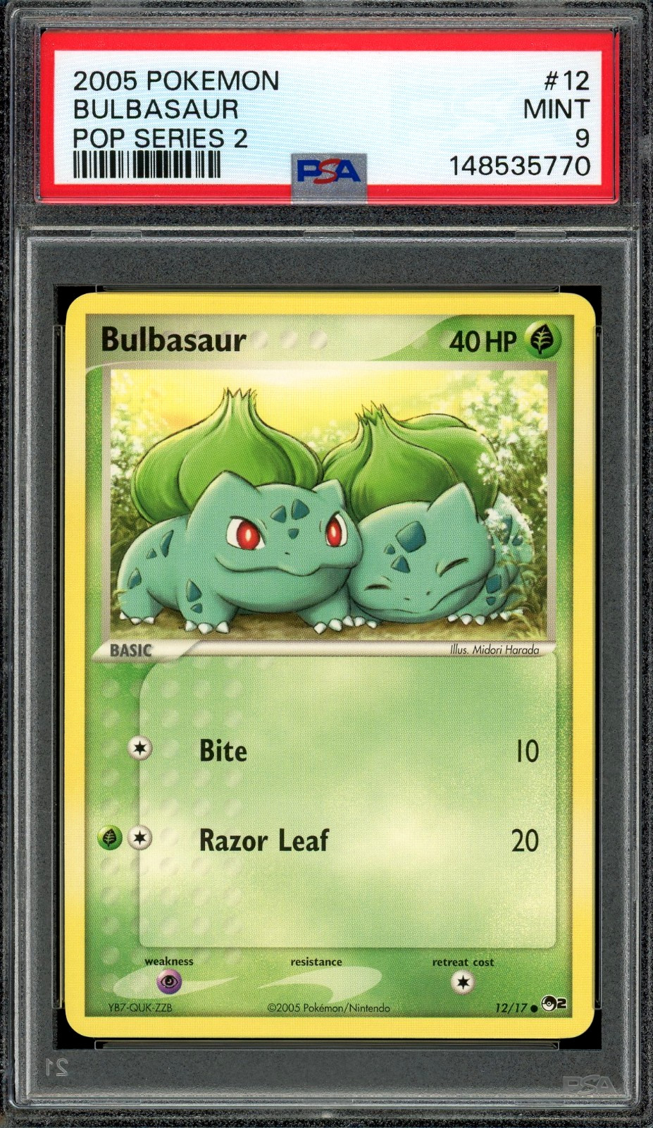 PSA 9 Mint Bulbasaur Pop Series 2 12/17 Vintage 2005 Pokemon