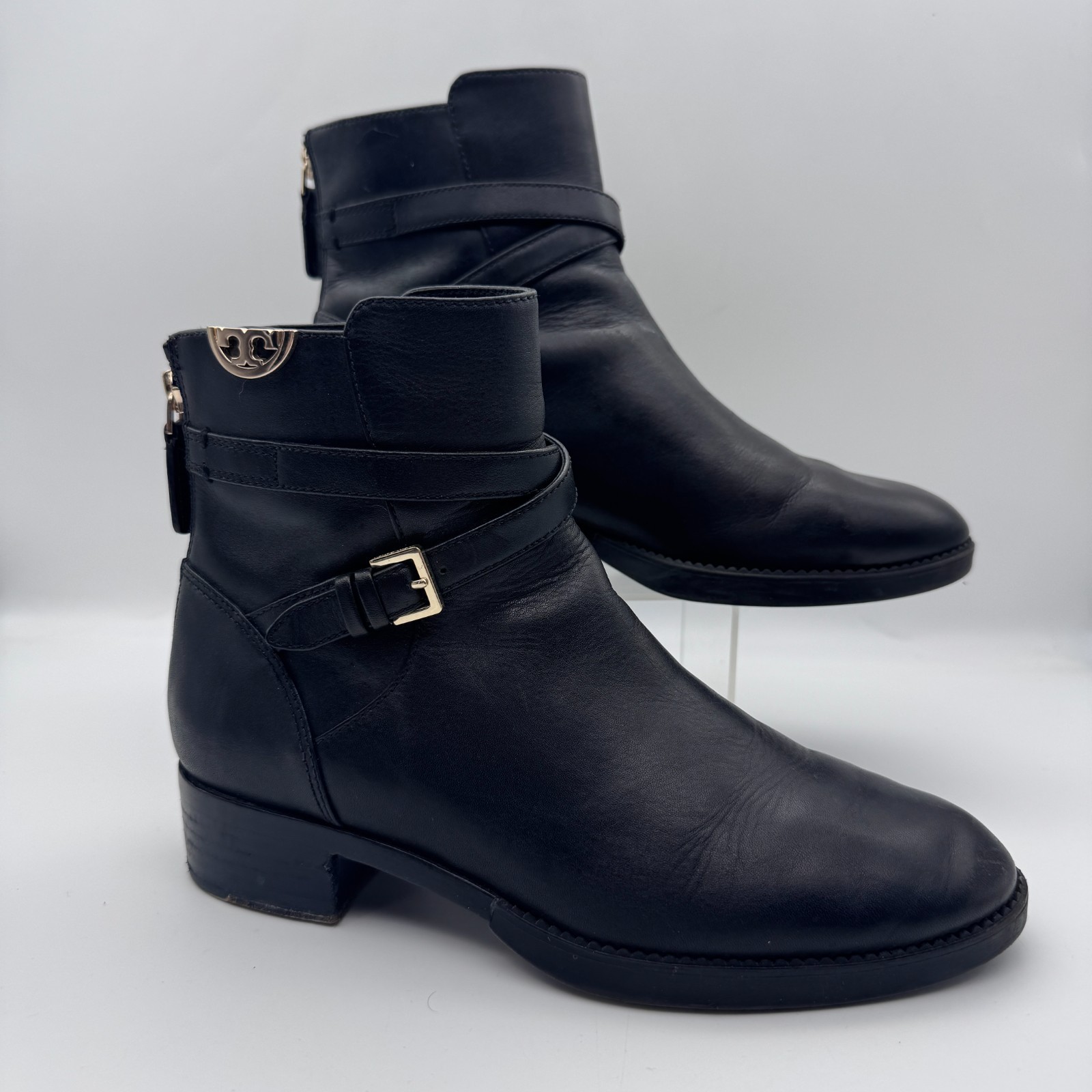 Tory Burch Women's Black Sidney Ankle Boots Gold Tone Buckle Logo Detail Size 7
