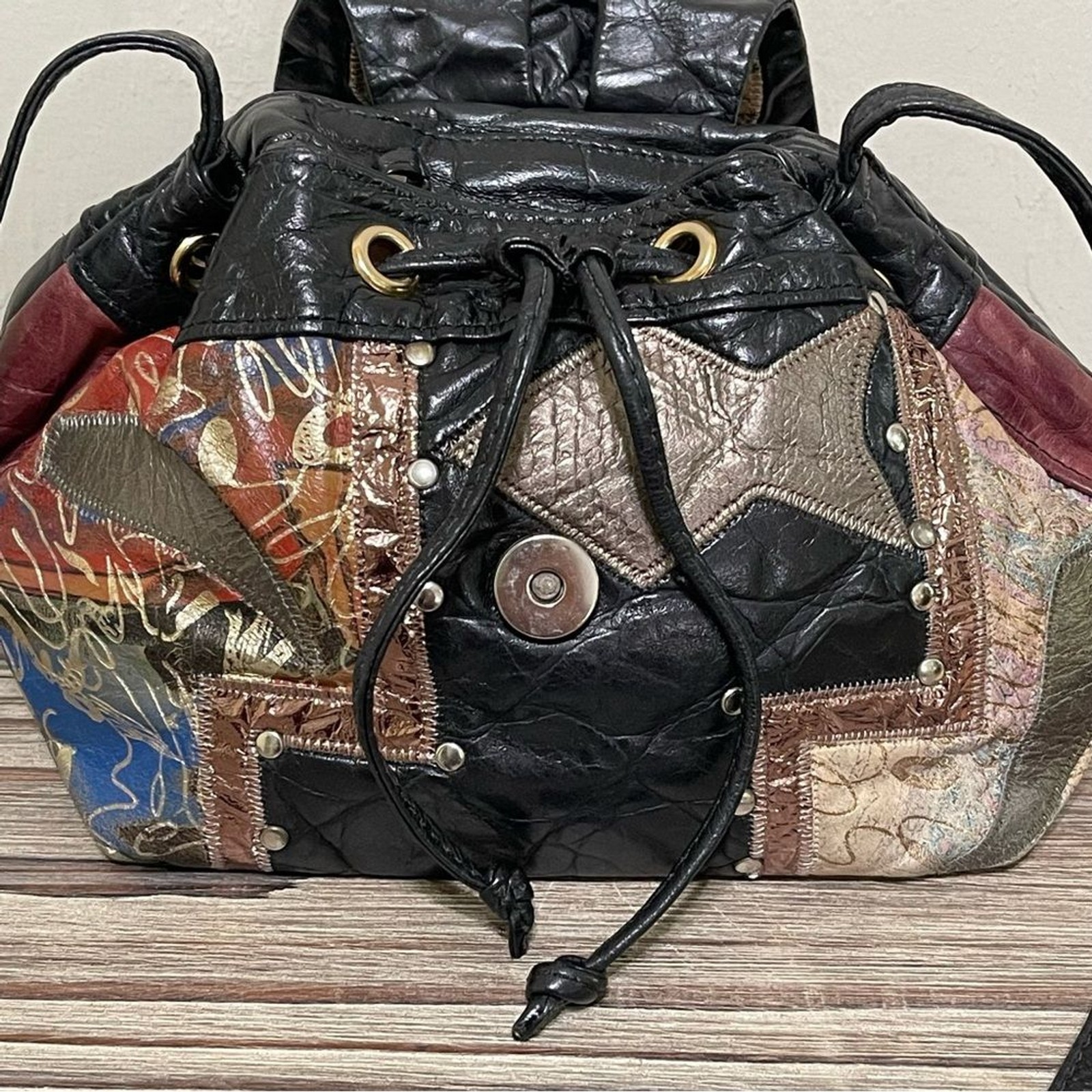 Leather Patchwork Drawstring Bucket-Style Bag Ecl… - image 10