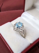 Beautiful Blue Topaz Sterling Silver 925 Filigree Flower Style Ring Size 7