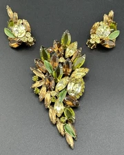 Possible Unsigned Alice Caviness Green/Brown Rhinestone And Enamel Leaves Set