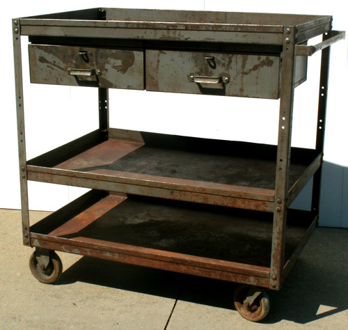 Vintage Industrial Rolling Table Cart W/Drawers