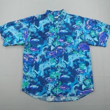 Vintage Hilo Hattie Shirt Mens Large Blue Fish Print Silk Hawaiian Aloha Camp