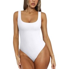 NIP ReoRia White Scoop Neck Bodysuit Double Lined Backless Tank Size Small