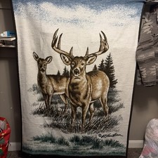 Vintage Biederlack Buck Doe Deer Wildlife Throw Blanket 52x74 Made in USA