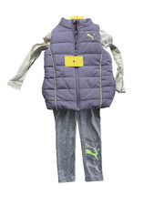 Puma Kids 3-Piece Set Girls 5 Purple Puffer Vest Shirt Gray Leggings Outfit New