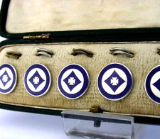 SIX BEAUTIFUL STERLING SILVER PURPLE ENAMEL BUTTONS 1909 CASED ART DECO