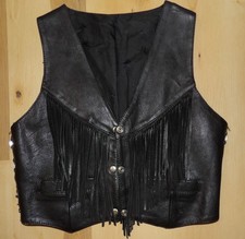 Vtg Leather Vest Fringe Biker Lace Up Womens S