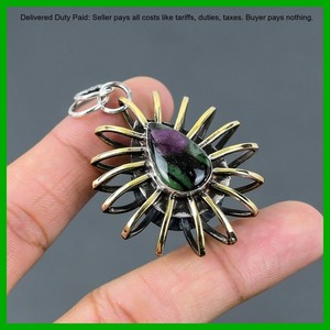 Authentic Ruby Zoisite Gemstone 925 Silver Bezel Boho Cage 18K Gold Plated Pendant Jewelry