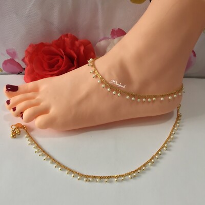 Pair of Pearl Gold Anklets Foot Chain Pazaib Jhanjar Ghungroo
