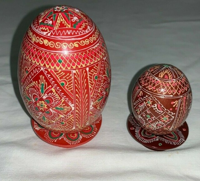 (2) Russian Handmade Wooden Decorated EGGS with Stands eBay