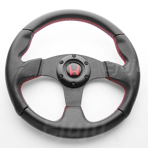 Perforated Finger Grip Black w/ Red Seam Steering Wheel w/ Horn For