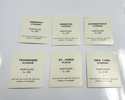 Monopoly 6 Title Deed Cards Vermont Oriental Connecticut NewYork