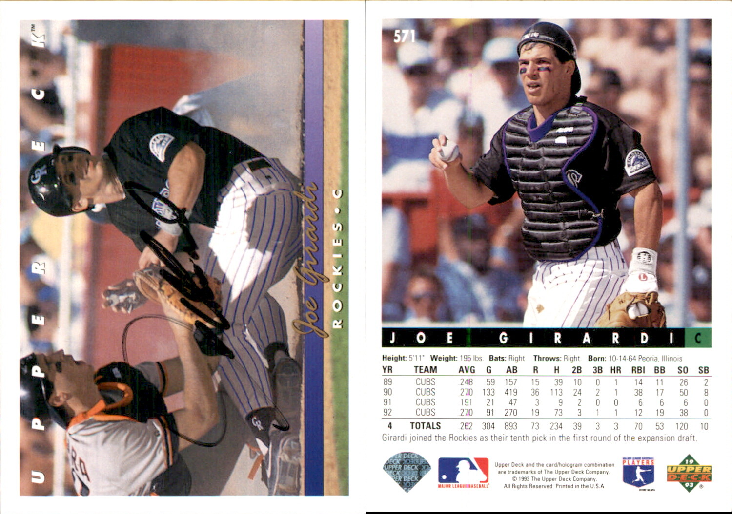 Joe Girardi Signed 1993 Upper Deck Colorado Rockies #571 AU Colorado Rockies