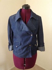 NWT Ann Taylor 80 "Denim" Linen Blend Blazer Gold Snap Closure 3/4 Roll up XS