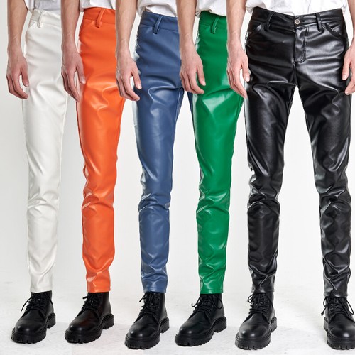 Men Faux Leather Pants Skinny Slim Fit Stretch Thin PU Trousers Biker Dance Club - Picture 1 of 11
