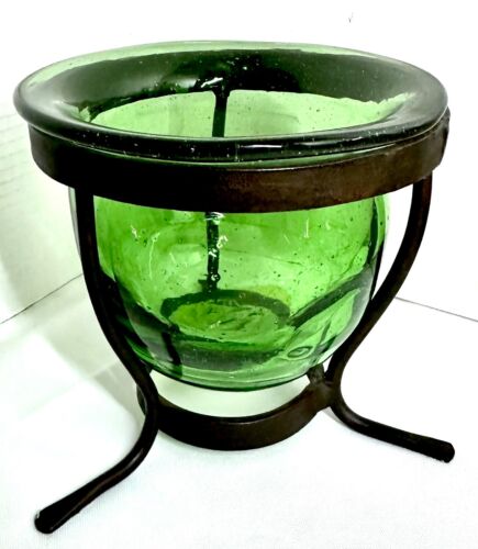 Vintage Hand Blown Art Glass on Wrought Iron Stand Vase, Candle Holder, Planter - Picture 3 of 7