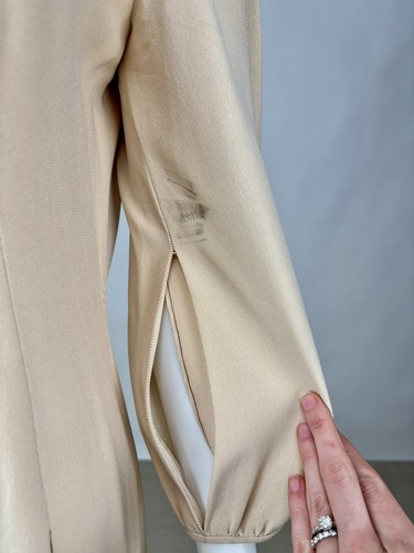Vintage 1960s Galanos Beige Silk Crepe Gown w/ Black & Red Printed Robe Neckline - Picture 4 of 14