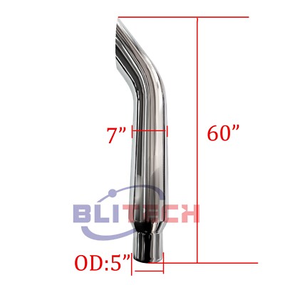 7''-5'' OD x 60'' inch Chrome Bull Horn Stack Pipe Exhaust Semi Truck Tube