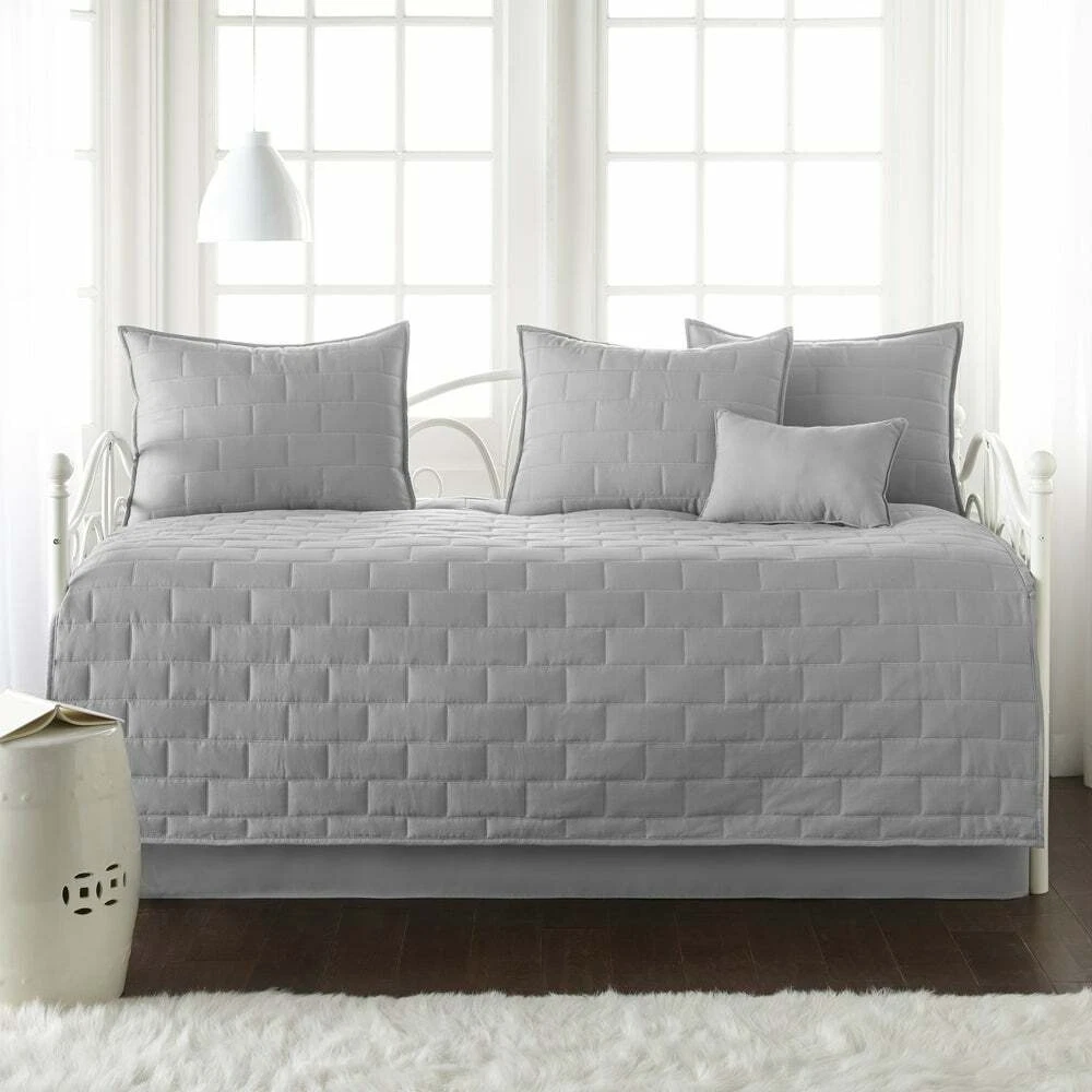 Solid Gray Grey Brick Stitching 6 pc Twin Daybed Set Quilted Cover