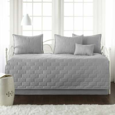 Solid Gray Grey Brick Stitching 6 pc Twin Daybed Set Quilted Cover Shams Bedding