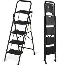 4 Step Ladder with Tool Platform Anti-Slip Sturdy & Wide Pedal Stool 330lb Black