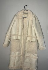 Maniere De Voir Faux Leather Borg Lined Longline Coat Cream