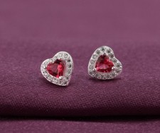 925 Sterling Silver Red Heart Cubic Zirconia Halo Stud Earrings Gift PE25