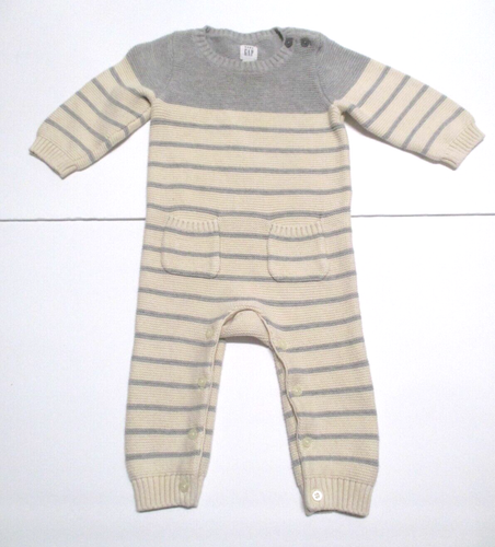 INFANT BOYS BABY GAP GRAY & OFF WHITE STRIPED SWEATER KNIT LONGALL OUTFIT 6-12 M