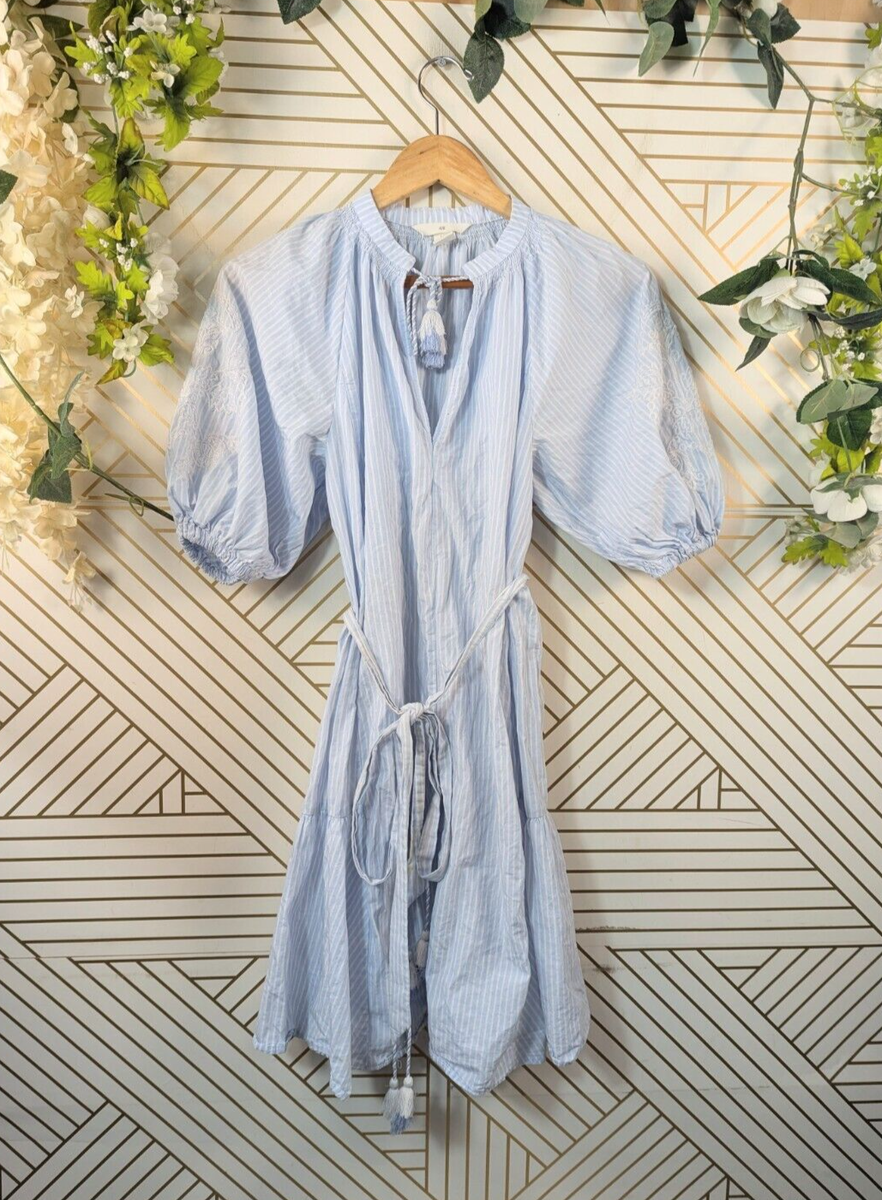 h&m blue midi dress Women's Striped Puff Sleeve Embroidery Belted Tassel Sz M trimmed collar Collective Shopify Clothing : Mini Dresses Size:36