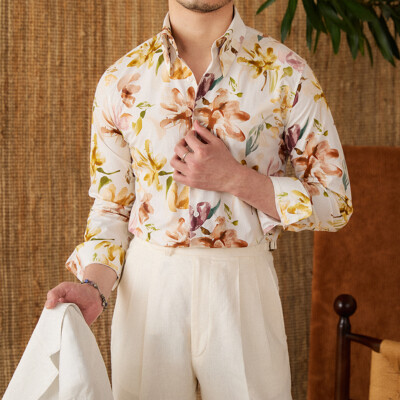 white christmas dresses Men's White Herringbone Cotton Shirt by StudioSuits main image 0