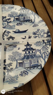 Shabby Chic BLUE WILLOW set APPETIZER PLATES Chinoiserie Melamine Asian  NEW