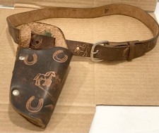 vintage child JUSTIN leather toy cap gun holster and belt horse horseshoe art