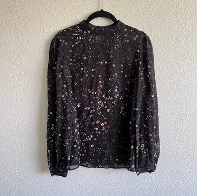 NWT Club Monaco Silk Blend Sheer Floral  Print Black Blouse XS