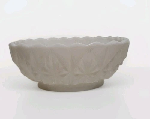 Vtg MILK GLASS Oval Bowl Hobstar & Fan Pressed Sawtooth Rim Flowers Heavy Piece