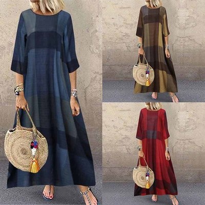 Womens Long Maxi Dress Summer Kaftan Plus Size Short Sleeve printed check+++-..