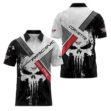 NEW Custom Name Corvette C6 Racing Black White Jake Skull Polo Shirt Men's S-5XL
