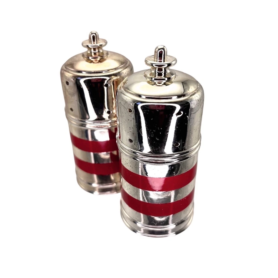 Juego de cocteleras de sal y pimienta chapadas en plata vintage rayas rojas Foto 2 de 4