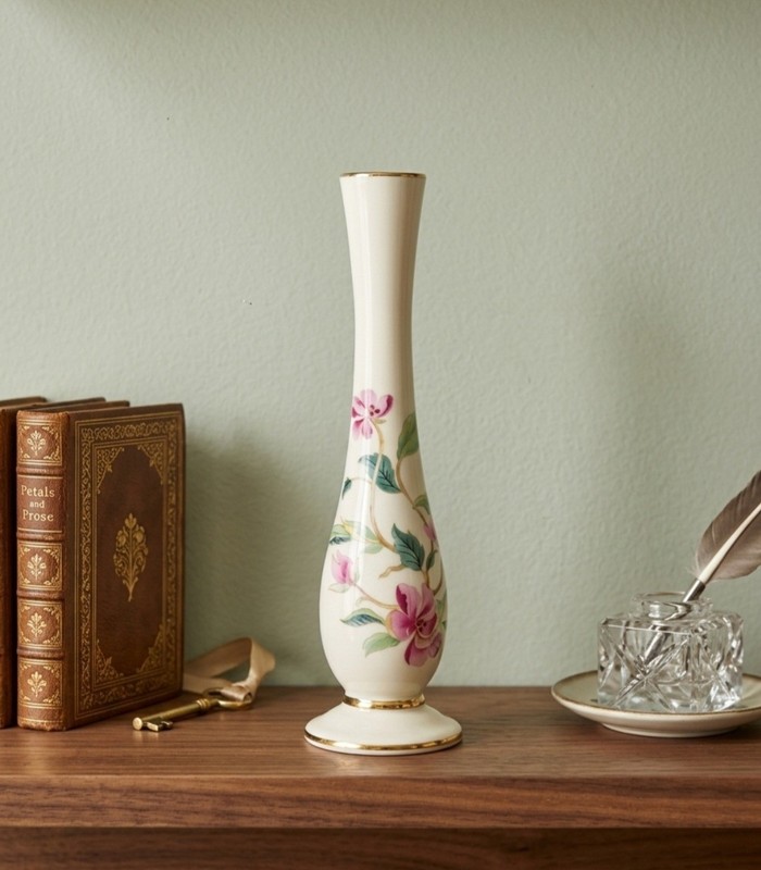 Vintage Lenox Barrington Collection Bud Vase Pink Floral Gold Trim 7.5 Inch 