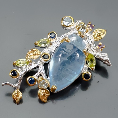 Carving 9 ct Natural Aquamarine Brooch 925 Sterling Silver /NB27371 - Picture 1 of 8