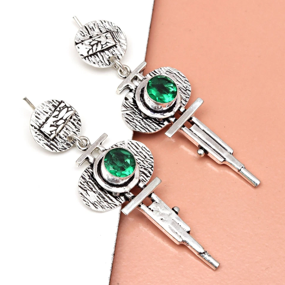 925 Silver Sterling Earring Jewelry Gemstone Handmade Emerald - Image 4 of 4
