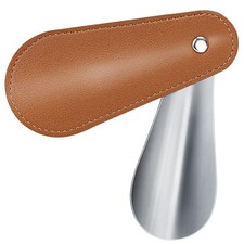 Metal Shoe Horn 4.5 Inch, Short Mini Travel Leather Shoe Spoon for Women Brown