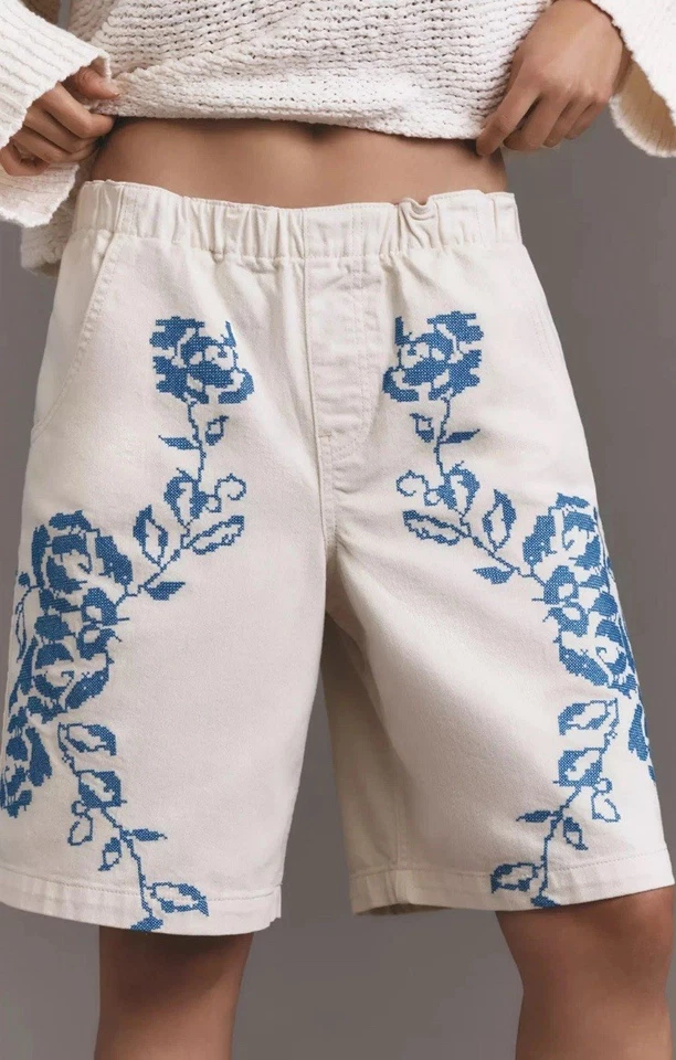 Bermudas para mujer Pilcro azul floral sobre crema talla XS Foto 2 de 4
