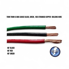 40' EA THHN THWN 6 AWG GAUGE BLACK, GREEN, RED STRANDED COPPER BUILDING WIRE
